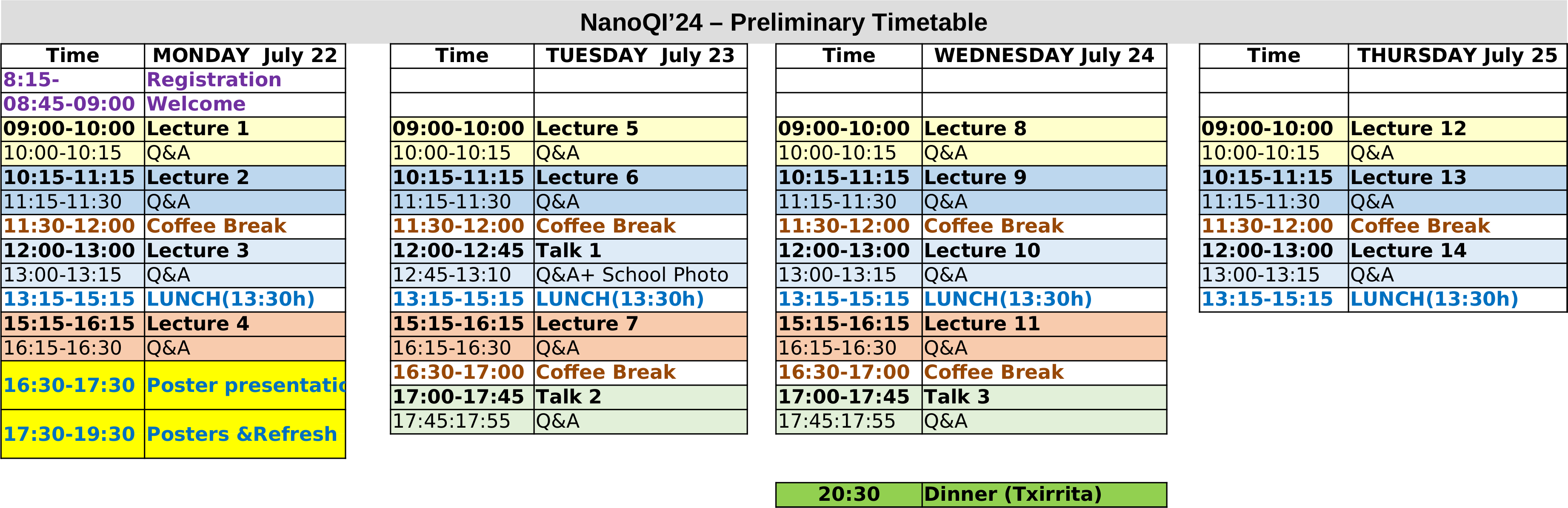 preliminary time table